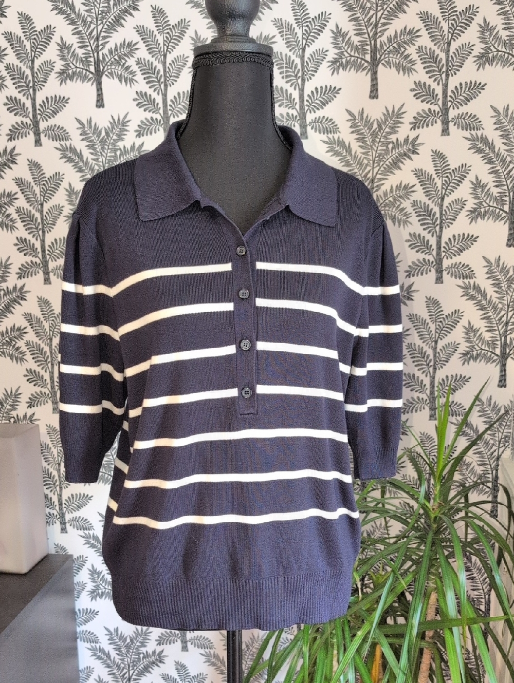 Free Assembly Navy Front Button Polo Sweater with White Stripes